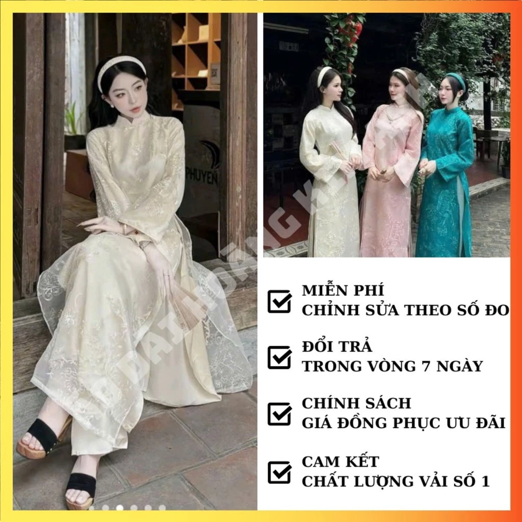 ÁO DÀI CÁCH TÂN 4 TÀ DÁNG SUÔNG HOẠ TIẾT MẪU MỚI LẠ, ÁO DÀI TRUYỀN THỐNG NỮ ĐẸP MÀU BE XINH XẮN (NH)