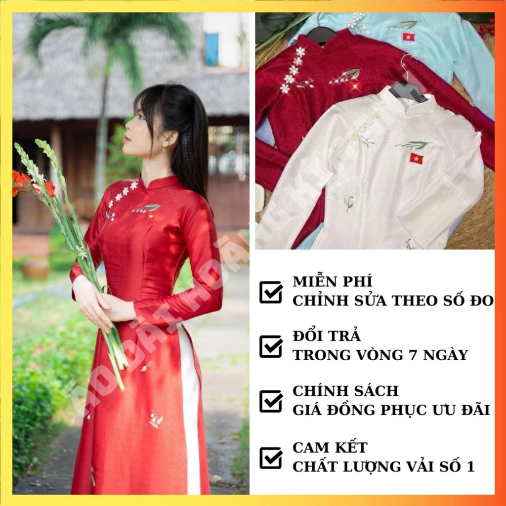 ÁO DÀI TRUYỀN THỐNG 2 TÀ CỔ TRỤ THÊU HOA NHÍ VÀ QUỐC KỲ CỜ ĐỎ SAO VÀNG áo dài trơn phi bóng, áo dài lụa thêu hoa