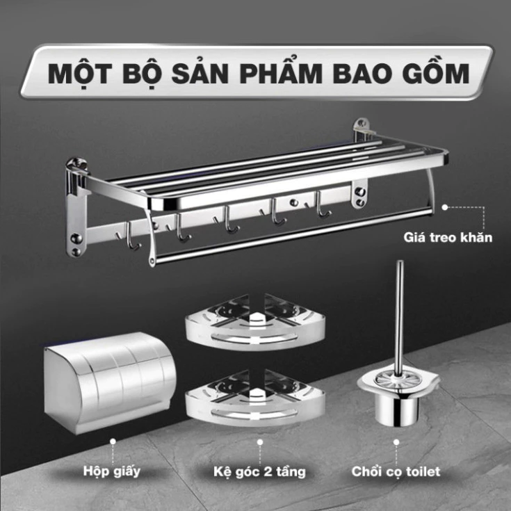 Bộ sản phẩm giá treo khăn tắm gắn tường gấp gọn Lato, hộp đựng giấy vệ sinh, kệ phòng tắm 2 tầng đa năng, chổi cọ toilet