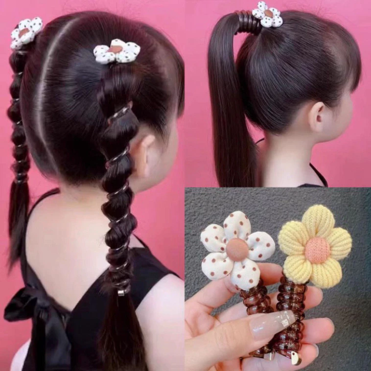 Chun cột tóc dạng lò xo xoắn tạo kiểu màu cầu vồng có đính hoa,Bướm dễ thương cho bé🍒FREESHIP🍒Dây buộc tóc lò xo cho b