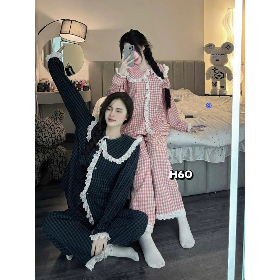Sét Bộ Pyjama Dài kẻ Xốp Cổ Bèo Viền Ren Siêu Xinh- Bộ Ngủ Mặc Nhà Cổ Bèo Xinh Chất Liệu Thoáng Mát
