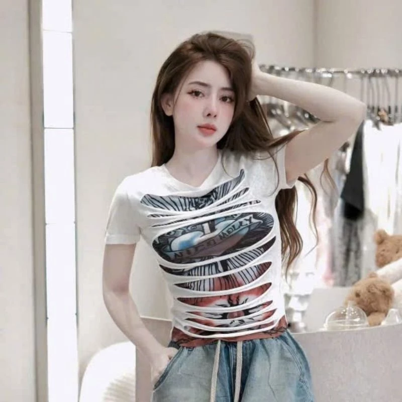 Áo thun cotton nữ in 3D rách áo thun kiểu cá tính cho nữ