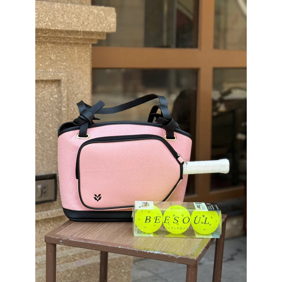 Túi xách đựng vợt Pickleball nữ Chính Hãng Lisa - Đen Hồng Da Pu Kim Tuyến lấp lánh sang trọng.