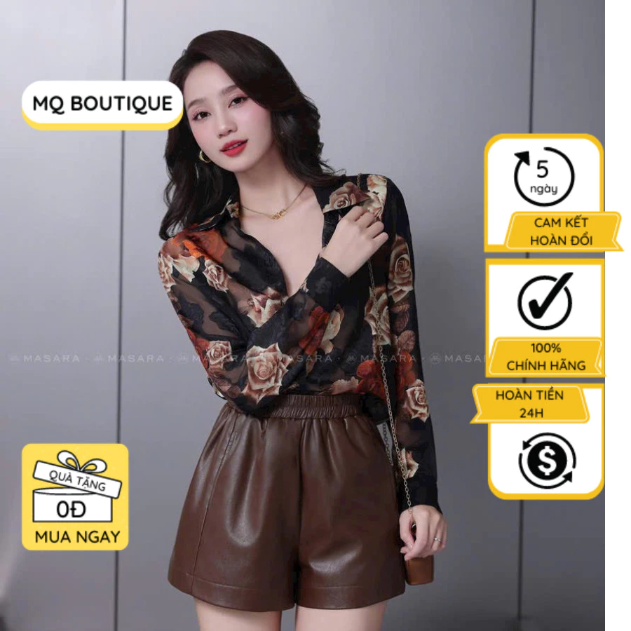 Sơ mi Tơ hoa nổi họa tiết nữ MQ Boutique áo sơ mi hoa cam nau nền đen dài tay kiểu công sở thiết kế