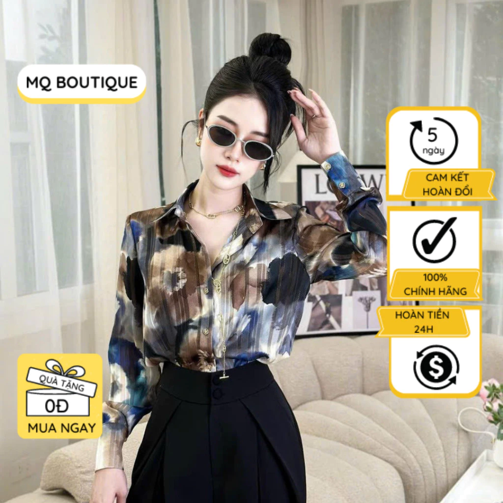 Áo sơ mi nhũ sọc tơ nữ MQ Boutique sơ mi công sở dài tay họa tiết loang nâu xanh sang trọng thiết kế