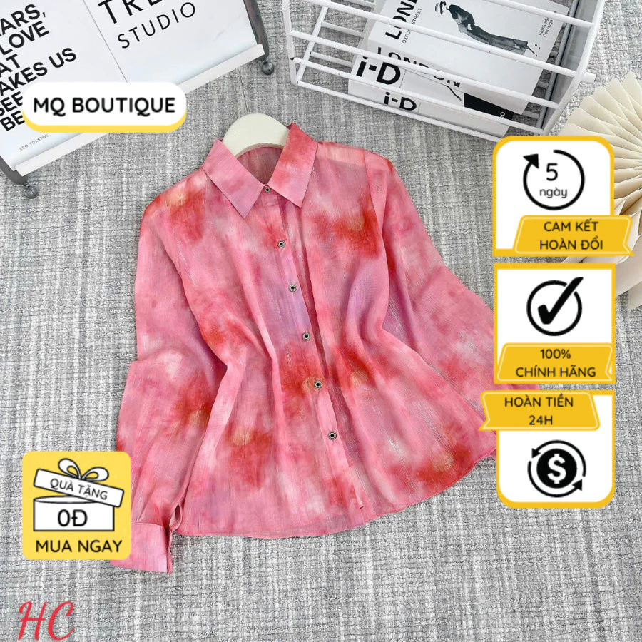 Sơ mi dài tay tơ sọc kim tuyến tay bồng nhẹ MQ Boutique áo sơ mi họa tiết loang nhiều màu mềm họa thiết kế công sở