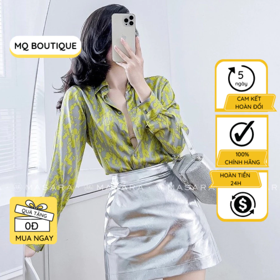 Áo sơ mi lụa họa tiết dài tay cao cấp công sở đốm xanh nền ghi dáng cơ bản, áo sơ mi thiết kế MQ Boutique