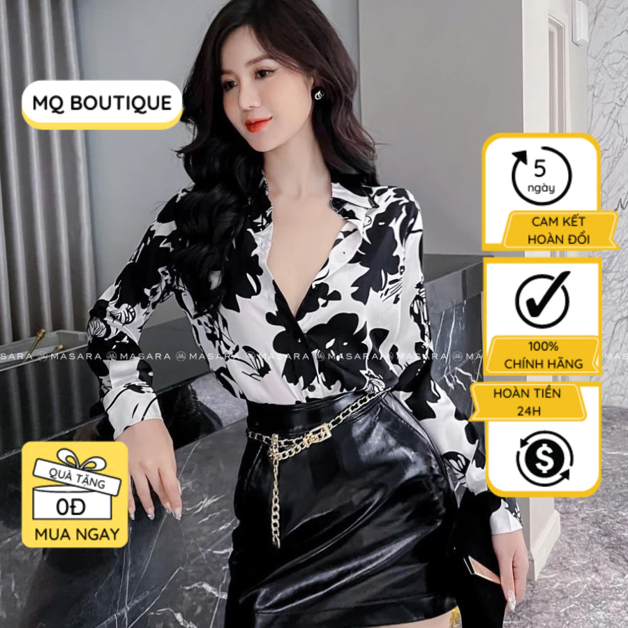 Áo lụa sơ mi nữ dài tay cao cấp công sở họa tiết hoa lá to đen nền trắng, áo sơ mi họa tiết thiết kế MQ Boutique