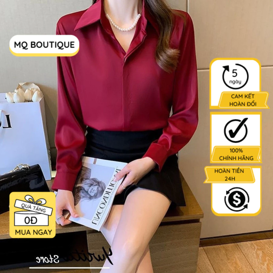Áo lụa trơn nhiều màu nẹp giấu cúc sơ mi dài tay cao cấp công sở thiết kế, áo sơmi họa tiết thiết kế MQ Boutique