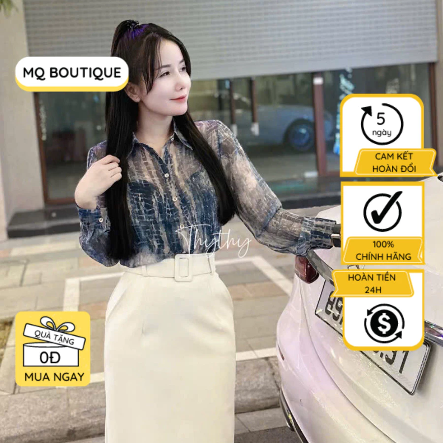 Sơ mi nữ sọc nhũ tay dài họa tiết da vằn xanh ghi thiết kế tinh tế sang trọng cao cấp, áo sơmi thiết kế MQ Boutique