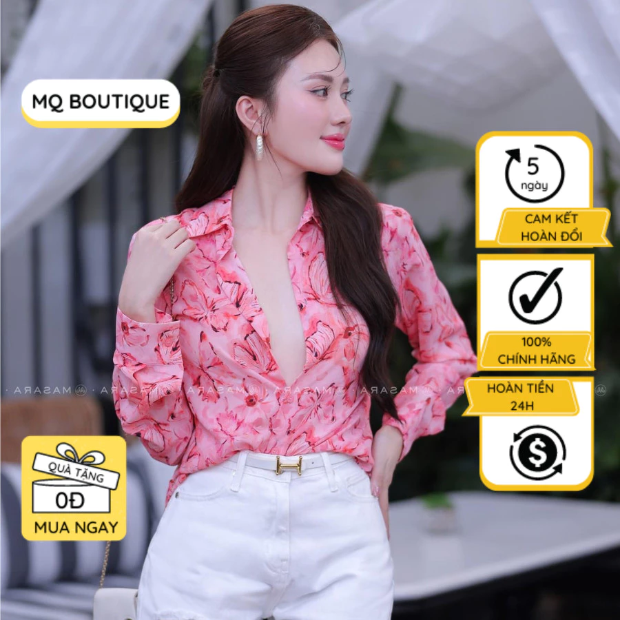 Áo lụa sơ mi nữ dài tay cao cấp công sở họa tiết con vật nền hồng dáng cơ bản , áo sơ mi họa tiết thiết kế MQ Boutique