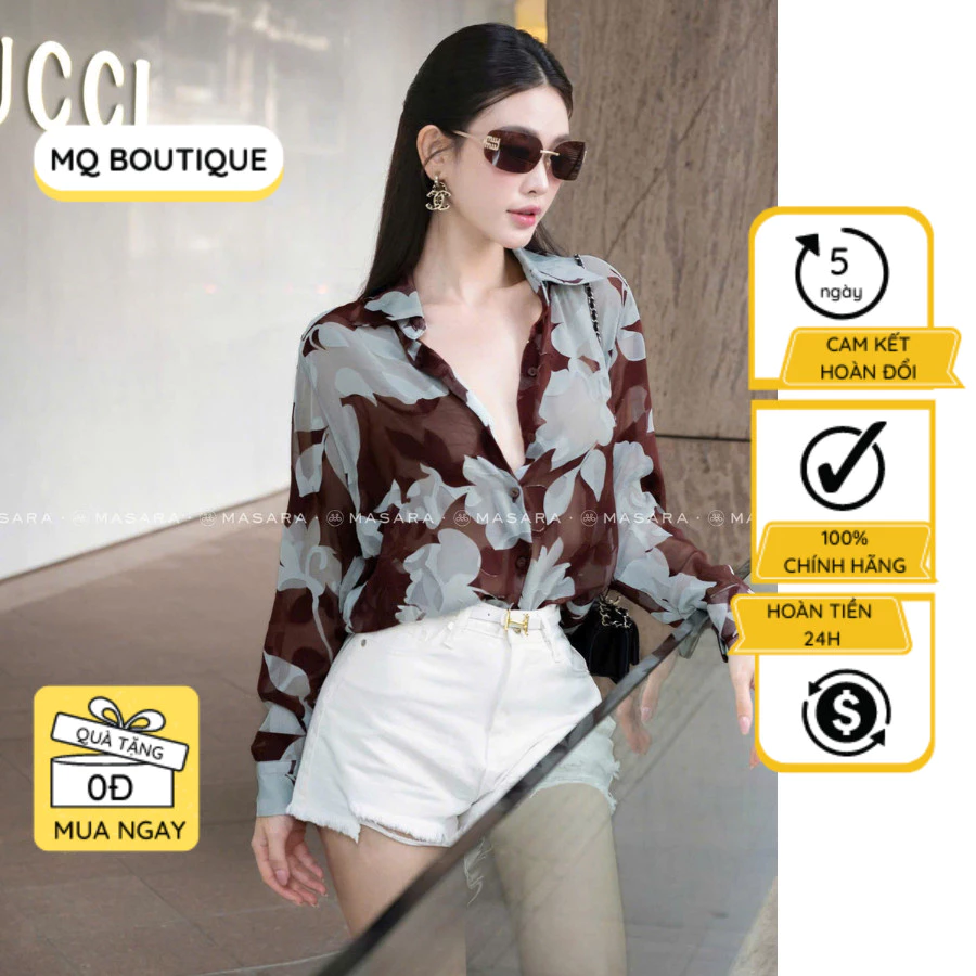 Sơ mi tơ hoa dài tay nữ thiết kế MQ Boutique hoa tơ hàn nổi xanh ngọc nền nâu tím mềm nhẹ sang
