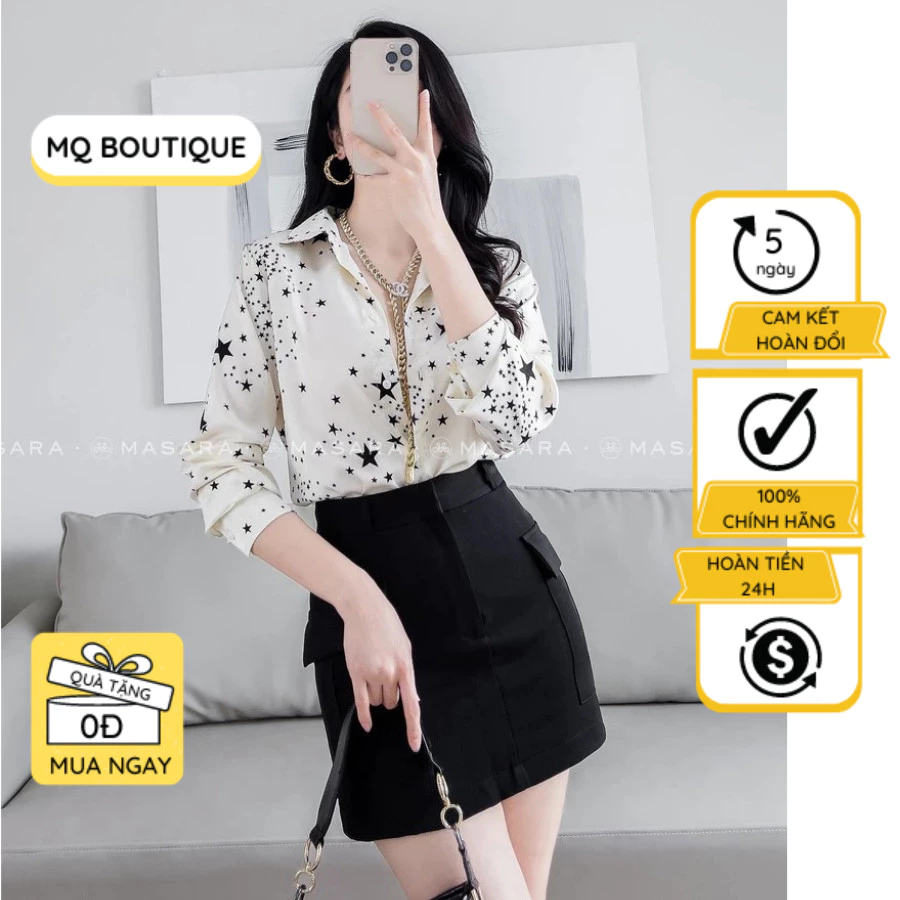 Áo lụa sơ mi trắng thiết kế MQ Boutique họa tiết sao đen nền trắng công sở dài tay dáng áo cơ bản sang trọng