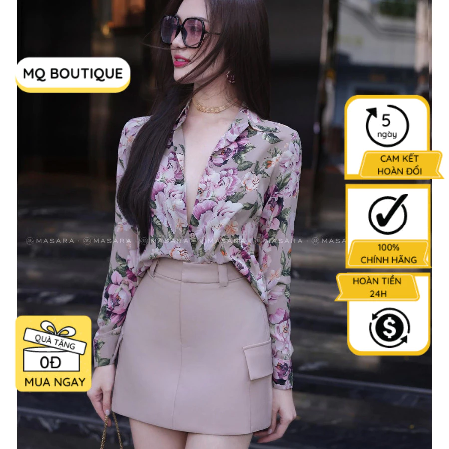 Áo sơ mi họa tiết nữ lụa Nhật MQ Boutique sơ mi tím hoa hồng dài tay kiểu công sở thiết kế