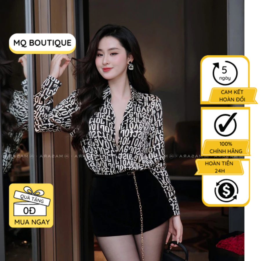 Sơ mi nữ lụa dài tay cao cấp công sở họa tiết chữ nhiều trắng phối trắng nền đen , áo sơ mi thiết kế MQ Boutique