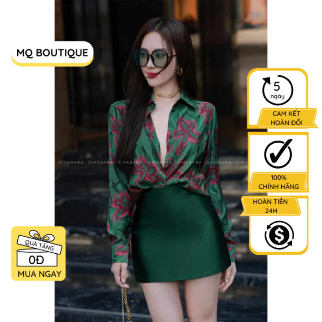 Áo lụa Nhật xanh sơ mi tay dài nữ họa tiết hoa hồng đỏ nền xanh lá thiết kế cao cấp, áo sơmi thiết kế MQ Boutique