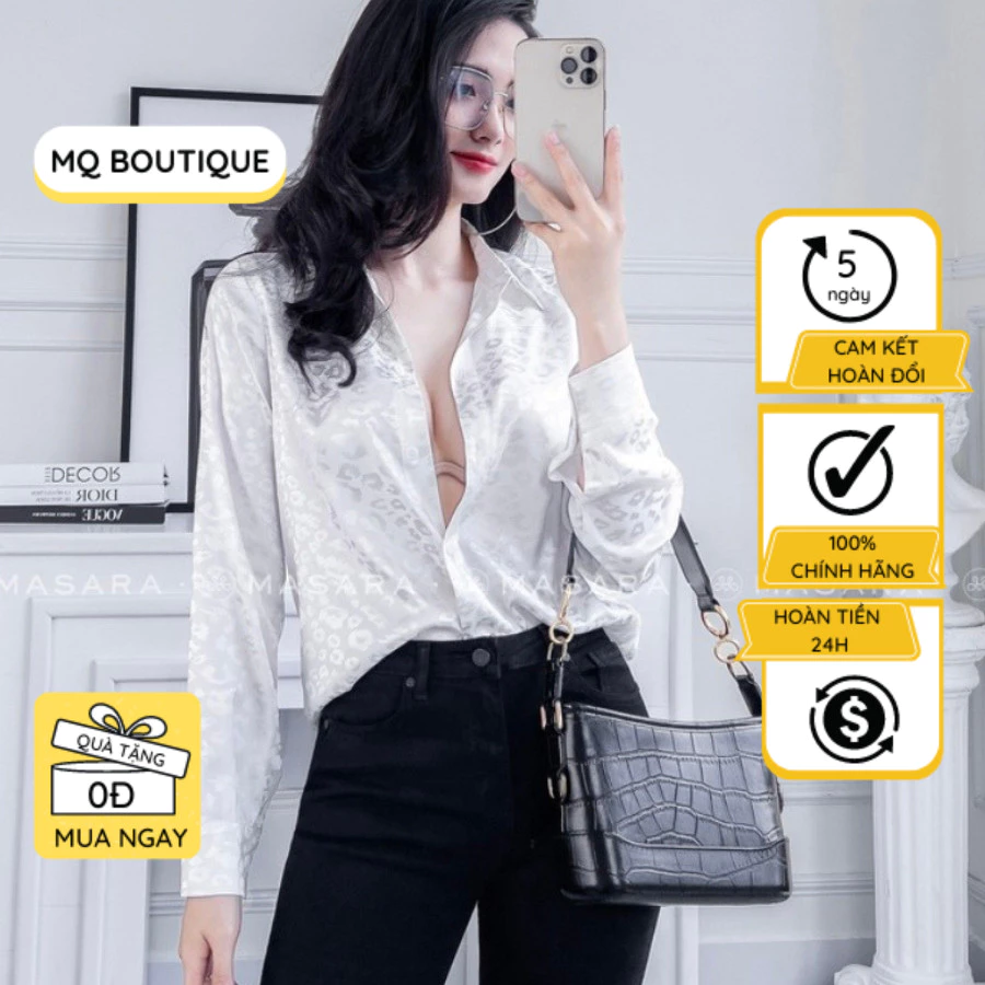 Áo trắng lụa gấm sơ mi dài tay nữ cao cấp họa tiết nổi beo hoa trắng, áo sơ mi họa tiết thiết kế MQ Boutique