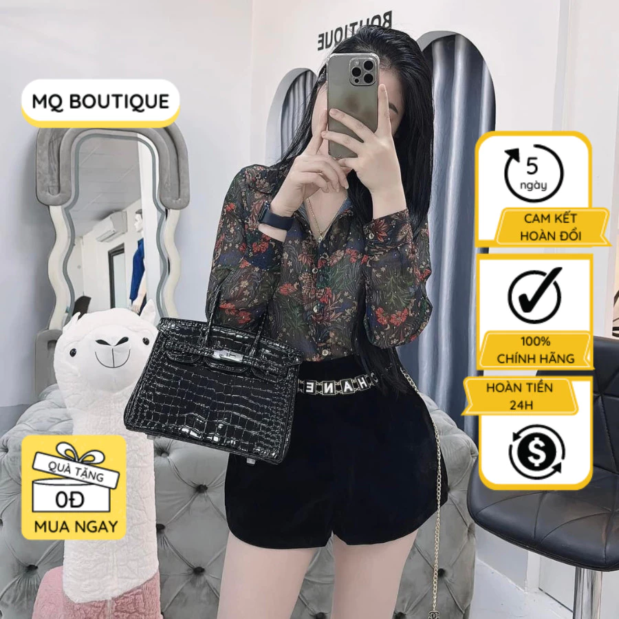 Áo sơ mi nữ tơ dài tay cao cấp công sở họa tiết hoa đính đá, áo sơ mi họa tiết thiết kế MQ Boutique