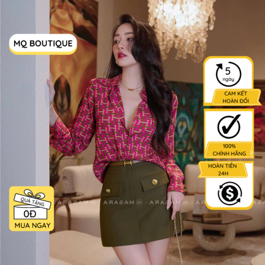 Áo lụa sơ mi nữ dài tay cao cấp công sở họa tiết chữ H vàng xanh đan cao cấp, áo sơ mi họa tiết thiết kế MQ Boutique