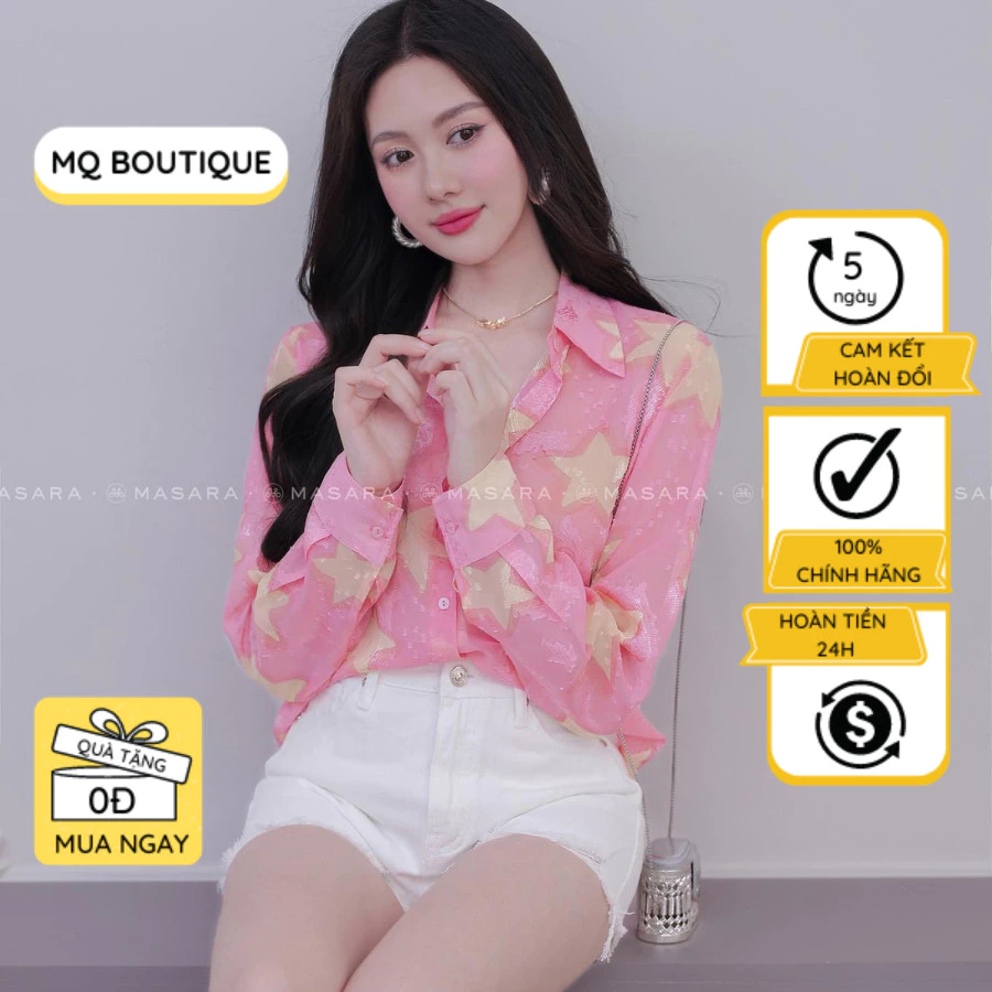Áo sơ mi nữ tơ dài tay cao cấp công sở họa tiết sao trắng nền hồng đáng yêu , áo sơ mi thiết kế MQ Boutique