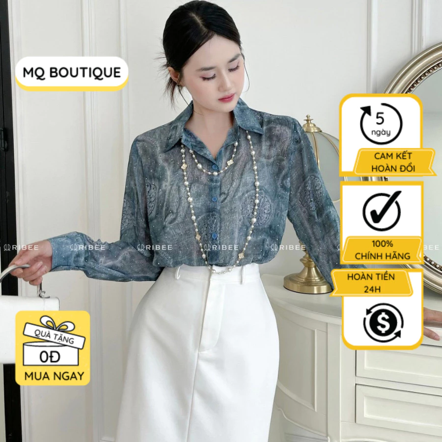 Áo tơ đính đá sơ mi nữ dài tay cao cấp công sở họa tiết vệt nền xanh sang mềm , áo sơ mi họa tiết thiết kế MQ Boutique