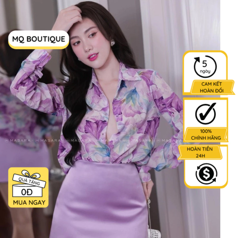 Áo lụa sơ mi nữ dài tay cao cấp công sở họa tiết hoa tím sang trọng lịch sự, áo sơ mi họa tiết hiết kế MQ Boutique