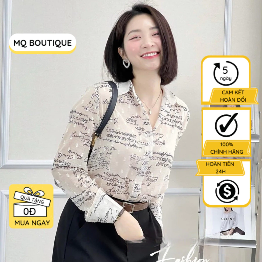 Áo sơ mi nữ tơ cao cấp công sở họa tiết chữ nhỏ màu be tơ nổi, áo sơ mi thiết kế MQ Boutique dài tay