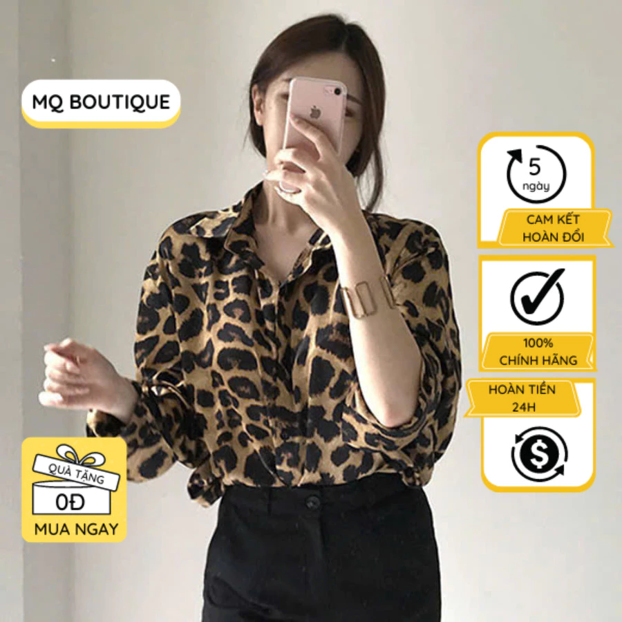 Sơ mi nữ lụa beo nâu dài tay thiết kế MQ Boutique công sở họa tiết beo nâu, áo sơ mi họa tiết sáng chảnh