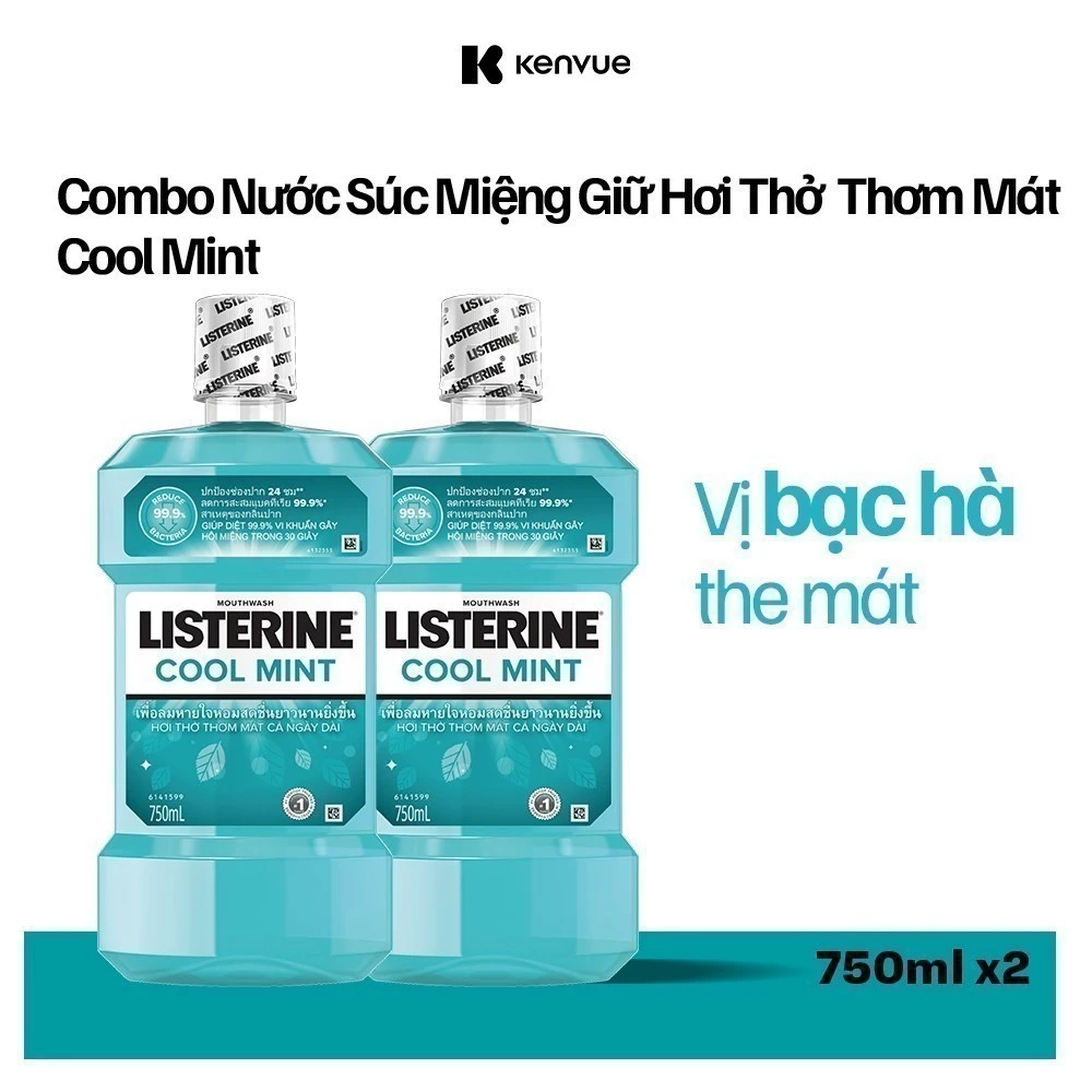 Bộ 2 Nước Súc Miệng Giữ Hơi Thở Thơm Mát Listerine Cool mint - Dung tích 750ml