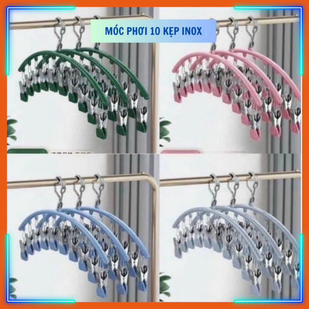 Móc Phơi 10 Kẹp Inox Phơi Quần Áo, Tất, Mũ, Khăn, Chống Trượt Chống Bay Đa Năng