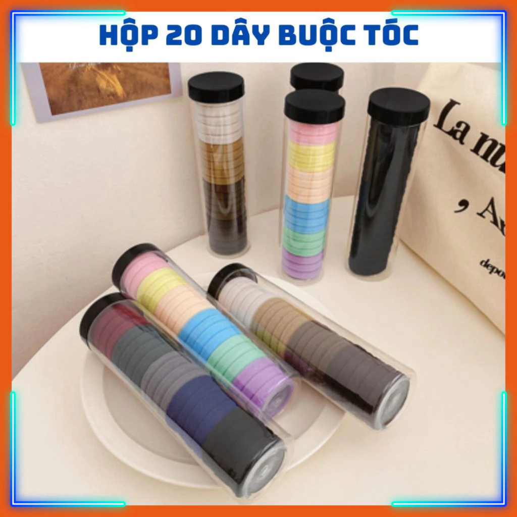 HỘP 20 Chun Buộc Tóc dây trơn Nhiều Màu Sắc, Dây Buộc Tóc Trơn Kèm Ông Đựng Trong Suốt