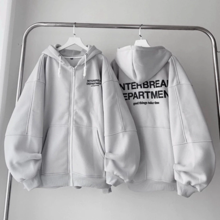 Áo Hoodie Phối Zip INTERBREAK Vải Nỉ Bông Siêu Dày Dặn 2 Màu Xám Đen Basic, Áo Khoác Nỉ Nam Nữ Form Rộng Hottrend 2024