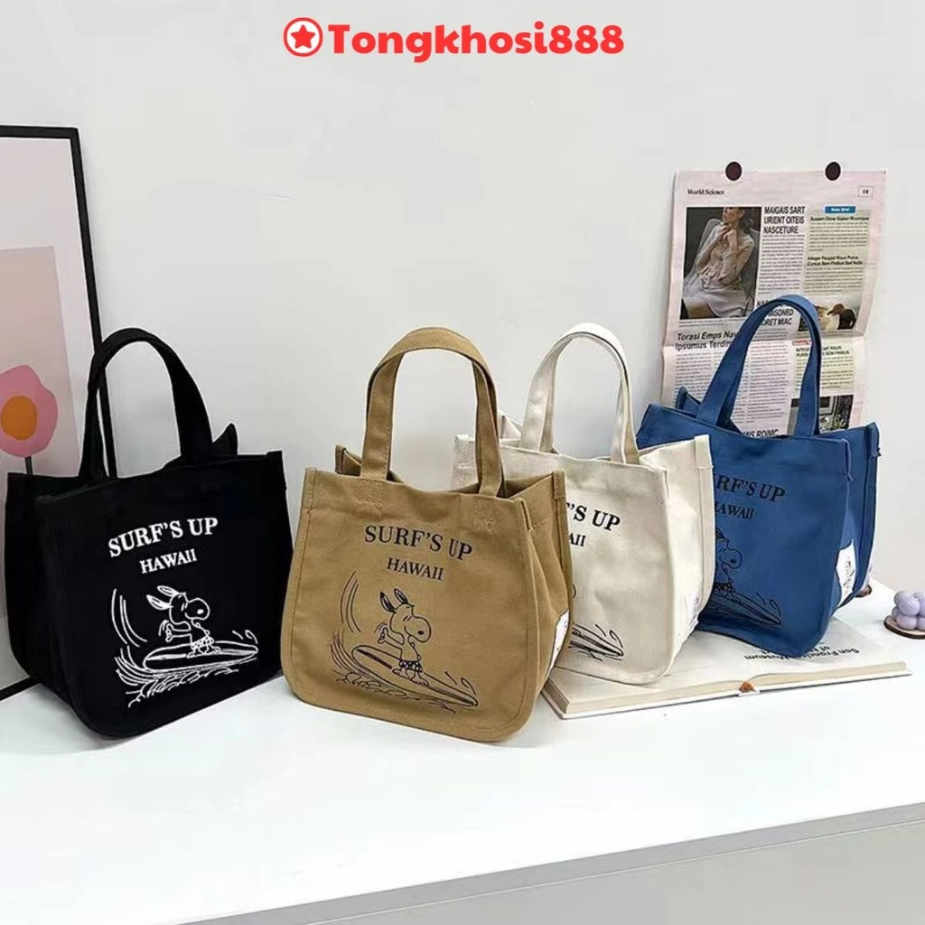 PVN64329 Túi Xách Tay Bằng Vải Canvas In Hình Snoopy Dễ Thương Có Ngăn Đựng Hộp Cơm Trưa