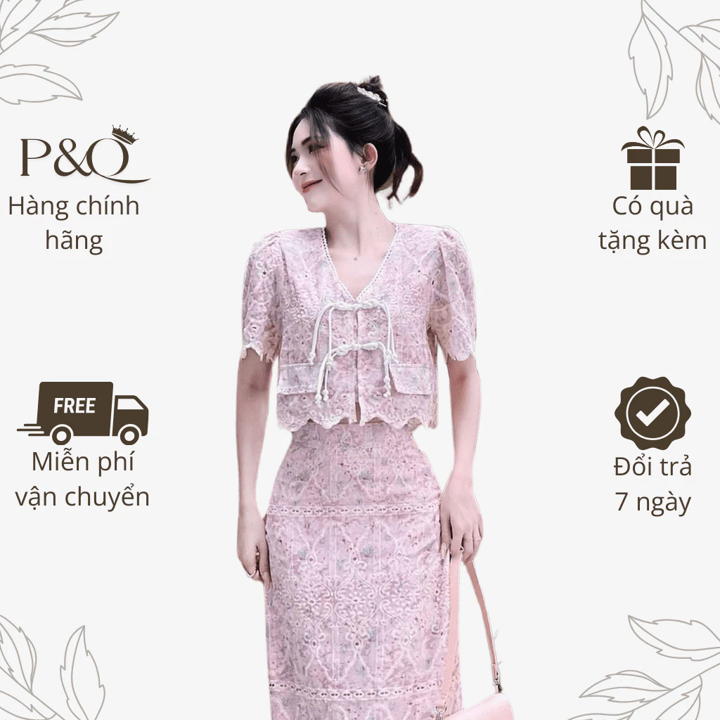 Set váy nữ P&Q áo phối váy maxi vải xô thêu đục lỗ hai lớp dự tiệc sang chảnh | set0012
