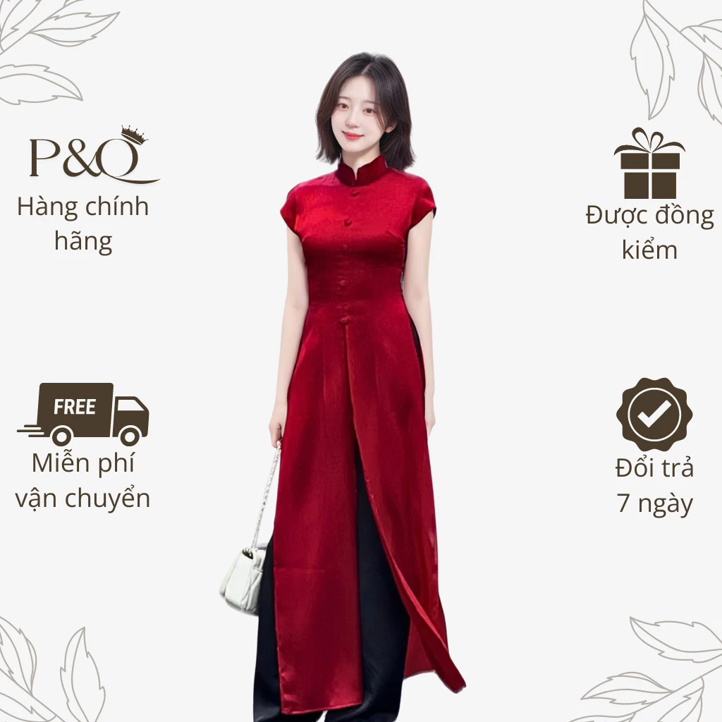 Áo dài nữ P&Q cổ cao tay ngắn cánh tiên xẻ tà sang chảnh có bigsize | set0018