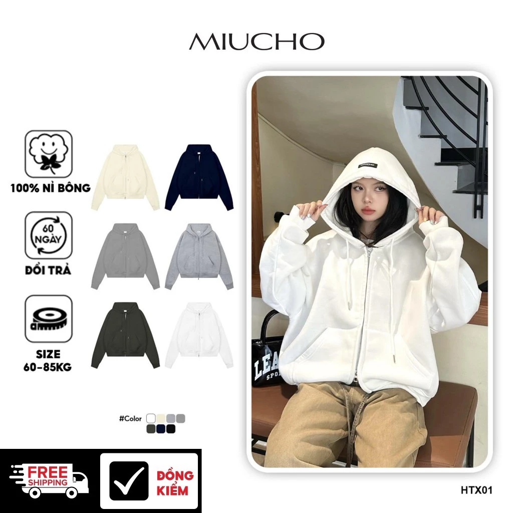 Áo Khoác Hoodie Zip Boxy MIUCHO Nỉ 2 Da Cao Cấp Dày Dặn Mềm Mại Thoáng Mát HXT02