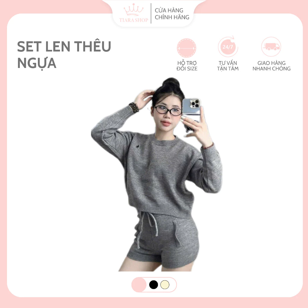 Set len thêu ngựa ( áo dáng croptop tay dài , quần đùi ) hot hit phong cách năng động trẻ trung hàng QCCC Mint.studio