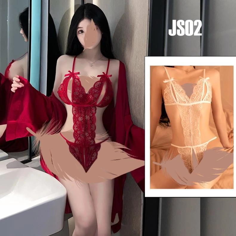 Bộ ngủ Ren Sexy Váy liền thân Jumsuit Quyến rũ JS02 Set Áo choàng lụa satin, đai gợi cảm + Bodysuit ren lưới sexy