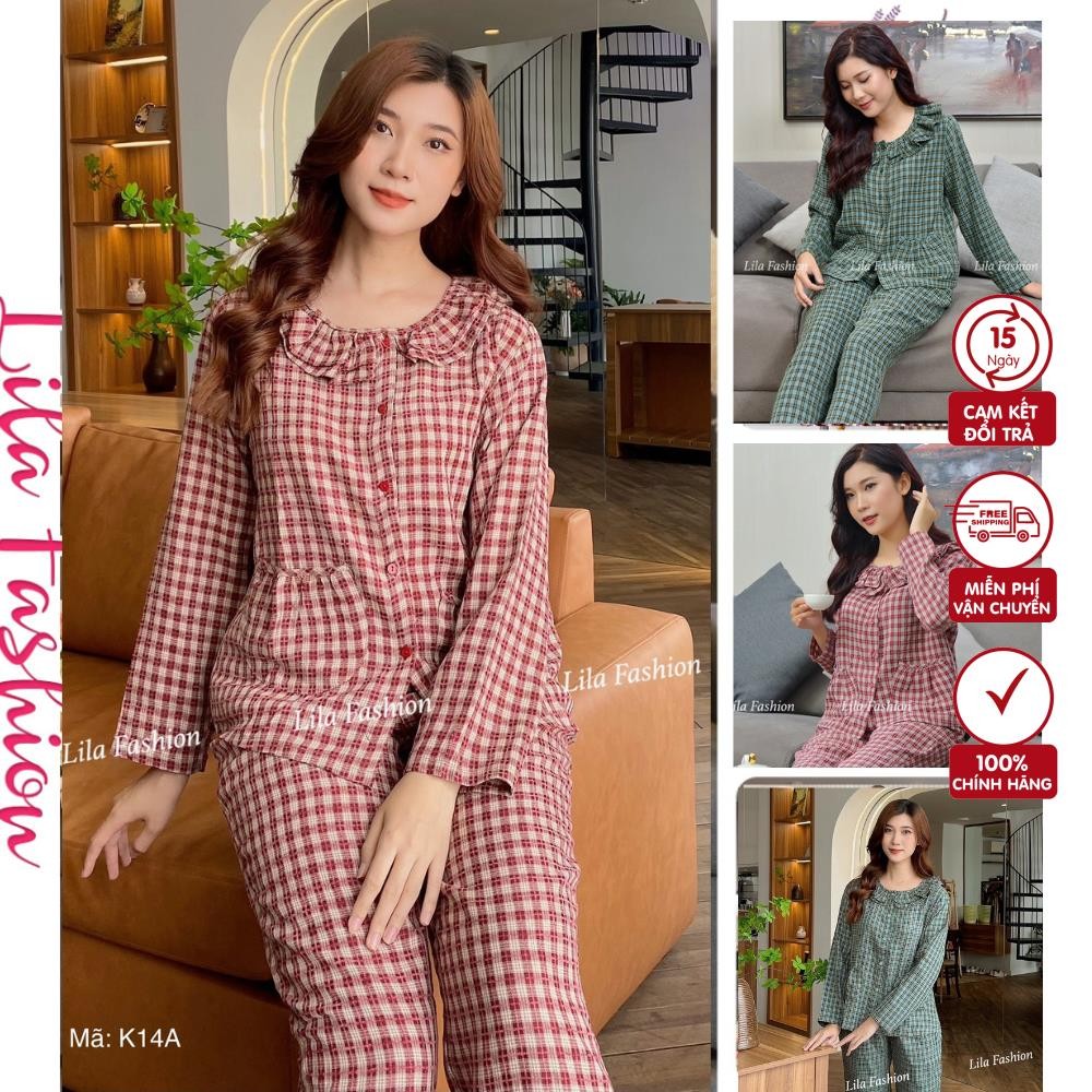 K14-Bộ quần áo kẻ caro Bộ pịama nữ Lila Clothing dáng dài cổ nhún bèo chất thô cotton mềm mịn,thấm hút mồ hôi