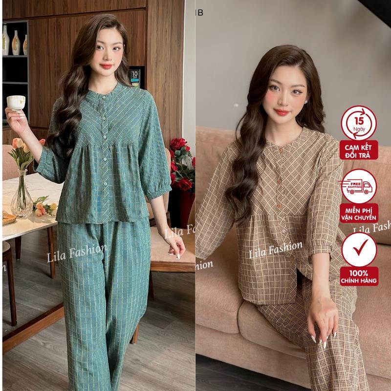 K2511-Bộ quần áo kẻ caro Pijama nữ đồ mặc nhà Suna Clothing dáng babydoll cổ tàu chất thô cotton, mềm mịn,thoáng mát