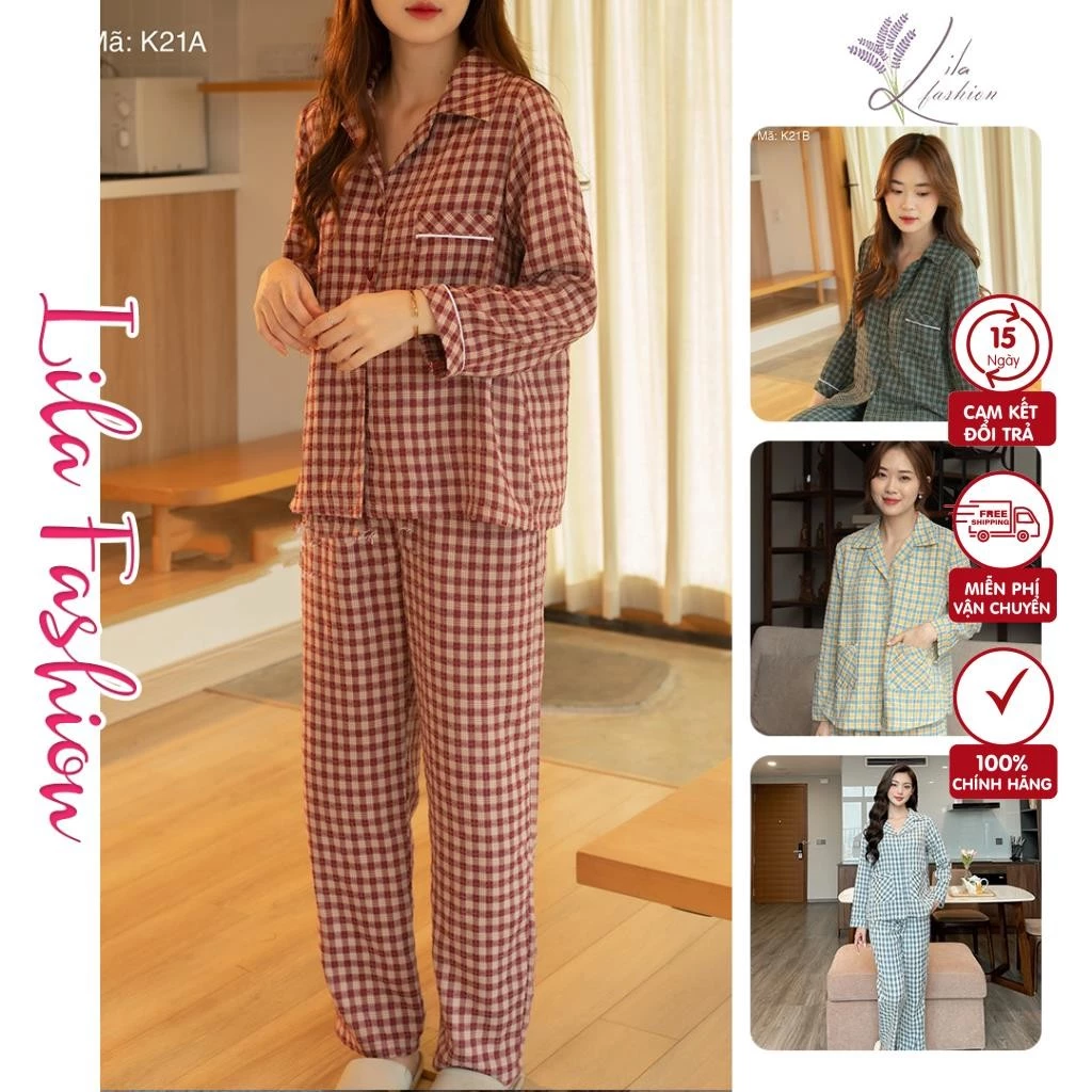 Đồ Bộ Mặc Nhà - Đồ Mặc Nhà Nữ Suna Kẻ Caro Dáng Dài Có Cổ Mặc Thoải Mái Chất Liệu Cotton Mềm Mịn Áo Có Cổ Bẻ