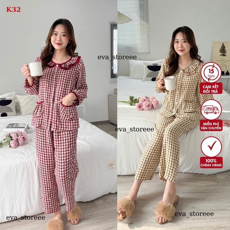 K32- Đồ Bộ Kẻ Caro Suna Clothing Dáng Dài Áo Cổ Tròn Bèo, Bo Tay, Quần Dài Mặc Thoải Mái, Chất Liệu Thô Cotton Mềm