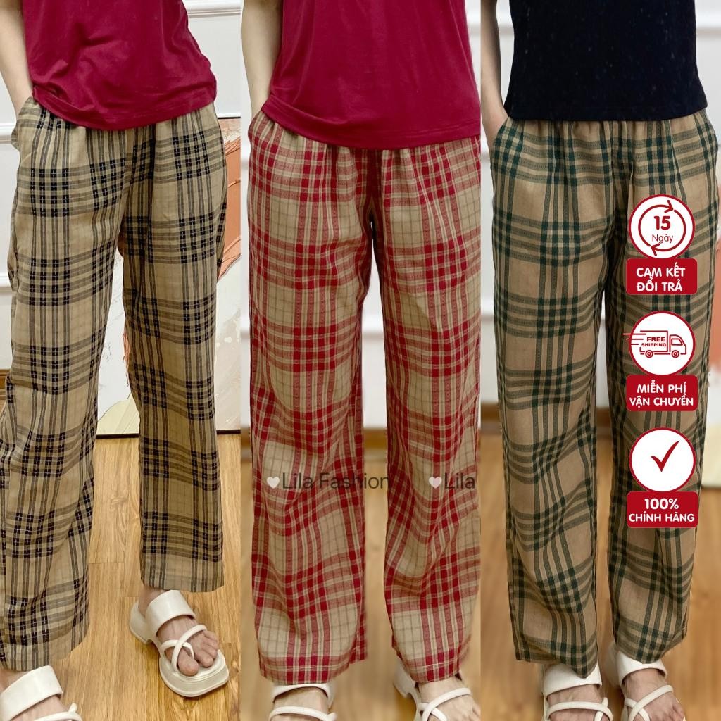 Quần kẻ caro nữ, sọc caro Lila Clothing dáng suông cao cao 3 phân chất thô cotton mềm mại khi mặc-Q01