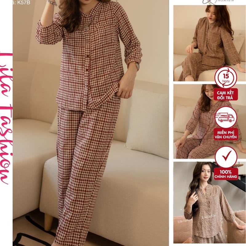 Bộ Pijama Nữ - Đồ Ngủ Pijama-k57 Suna Clothing Kẻ Caro Dáng dài Áo Cổ V Có Túi Ngực, Chất Mềm Mịn, Mát, Thấm Hút Mồ Hôi
