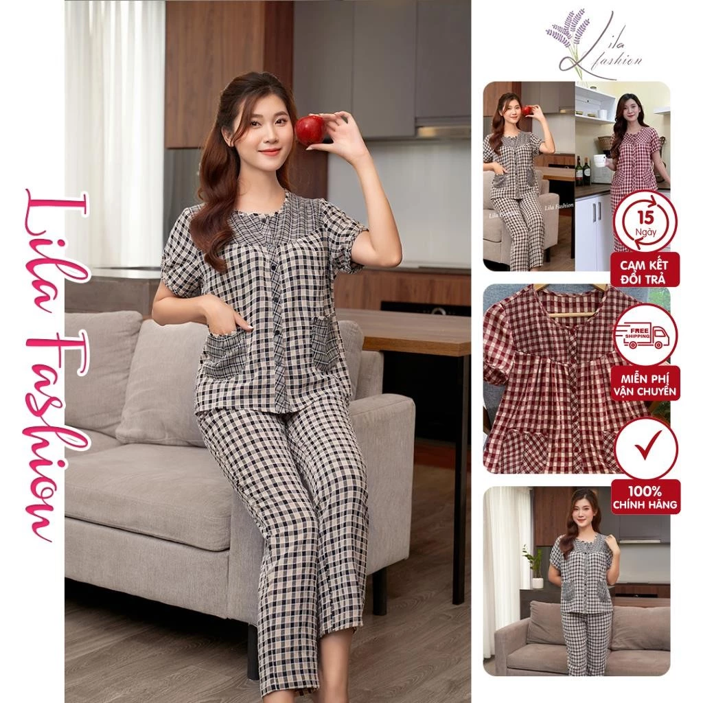 P01-Đồ Bộ Pijama Nữ Bộ Đồ Nữ Suna Clothing Kẻ Caro Chất Cotton ,Cổ Tròn Tay cọc, quần dài có túi
