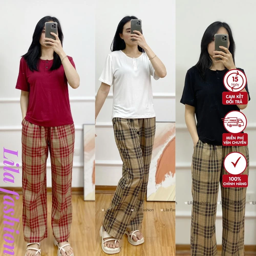 Bộ Pijama Nữ - Đồ Bộ Mặc Ở Nhà Nữ Lila Clothing set áo thun 100% cotton, quần Kẻ Caro Cổ Chữ tròn Dáng suông - T02