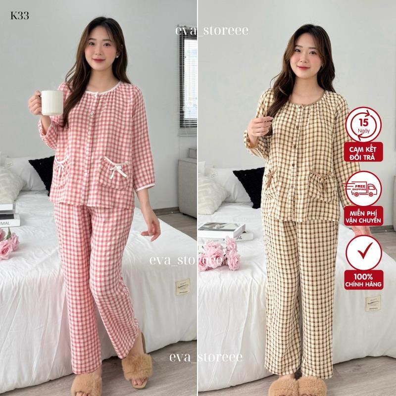 K33-Bộ Đồ Mặc Nhà Đẹp - Bộ Pijama Nữ  Kẻ Caro Dáng Xuông, Áo Cổ Tròn Bo Chun Cổ Tay, Quần Dài Có Túi Chất Thô