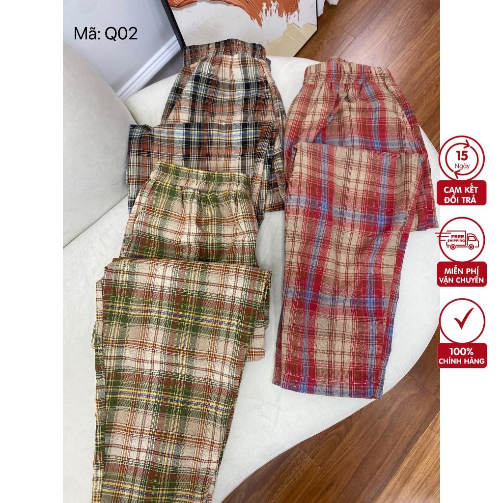 Quần kẻ caro nữ, sọc caro Lila dáng suông,cạp cao 3 phân chất thô cotton mềm mại khi mặc-Q02 Lila Clothing