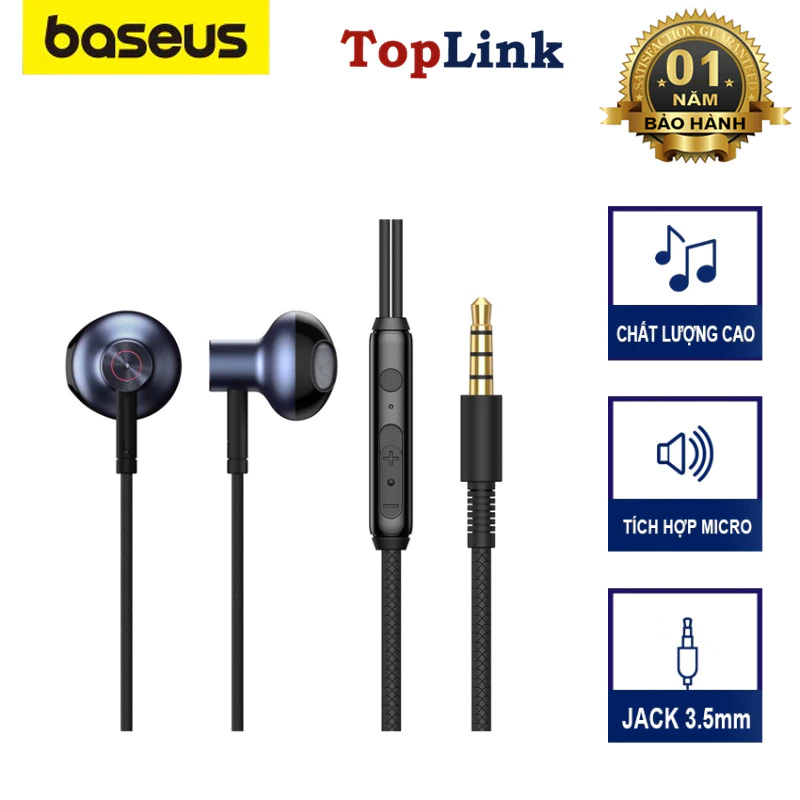 Tai Nghe Nhét Tai Có Dây Có Mic Đàm Thoại Baseus H19 Jack Cắm 3.5mm Cách Âm Chống Ồn Âm Thanh Nổi 6D Hifi Dài 1.2m