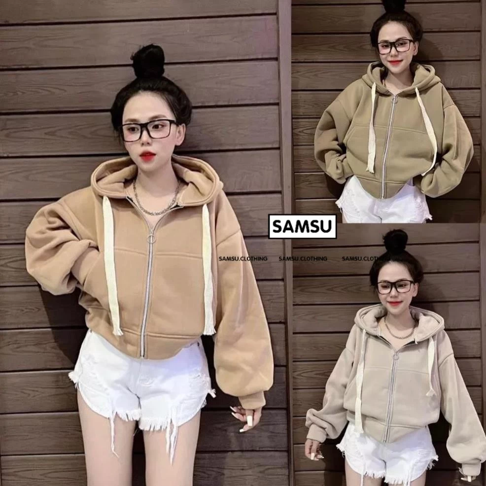 Áo Khoác Croptop Nữ Dạng Hoodie Zip Có Mũ Tay Bồng Chất Nỉ Dày Dặn Kèm Dây Rút Và Khóa Kéo Mặc Đi Học Đi Chơi